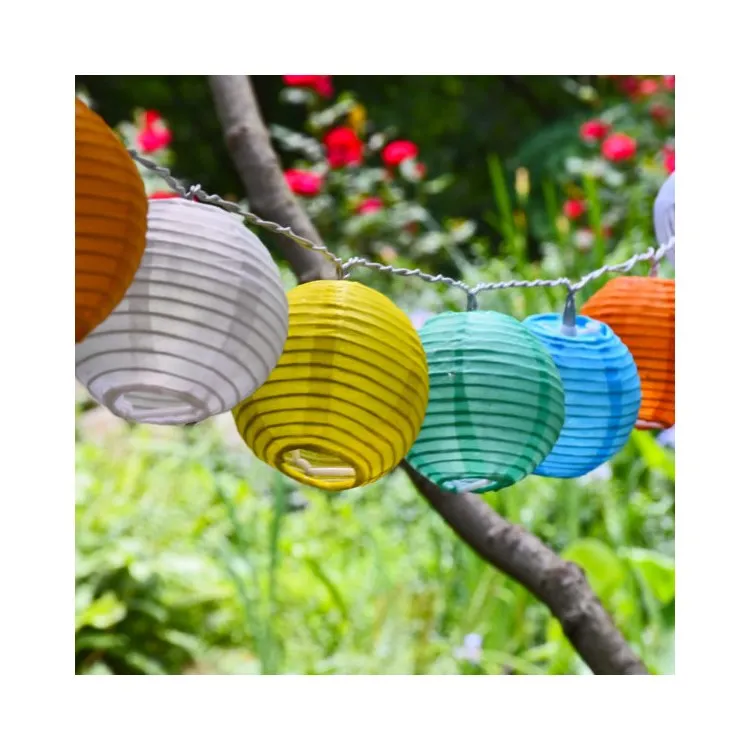 Solar-Powered String Lights with 10 Nylon Lanterns - Multi-Color