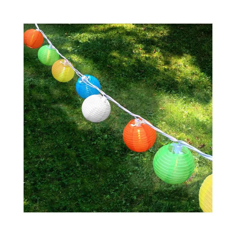 Solar-Powered String Lights with 10 Nylon Lanterns - Multi-Color