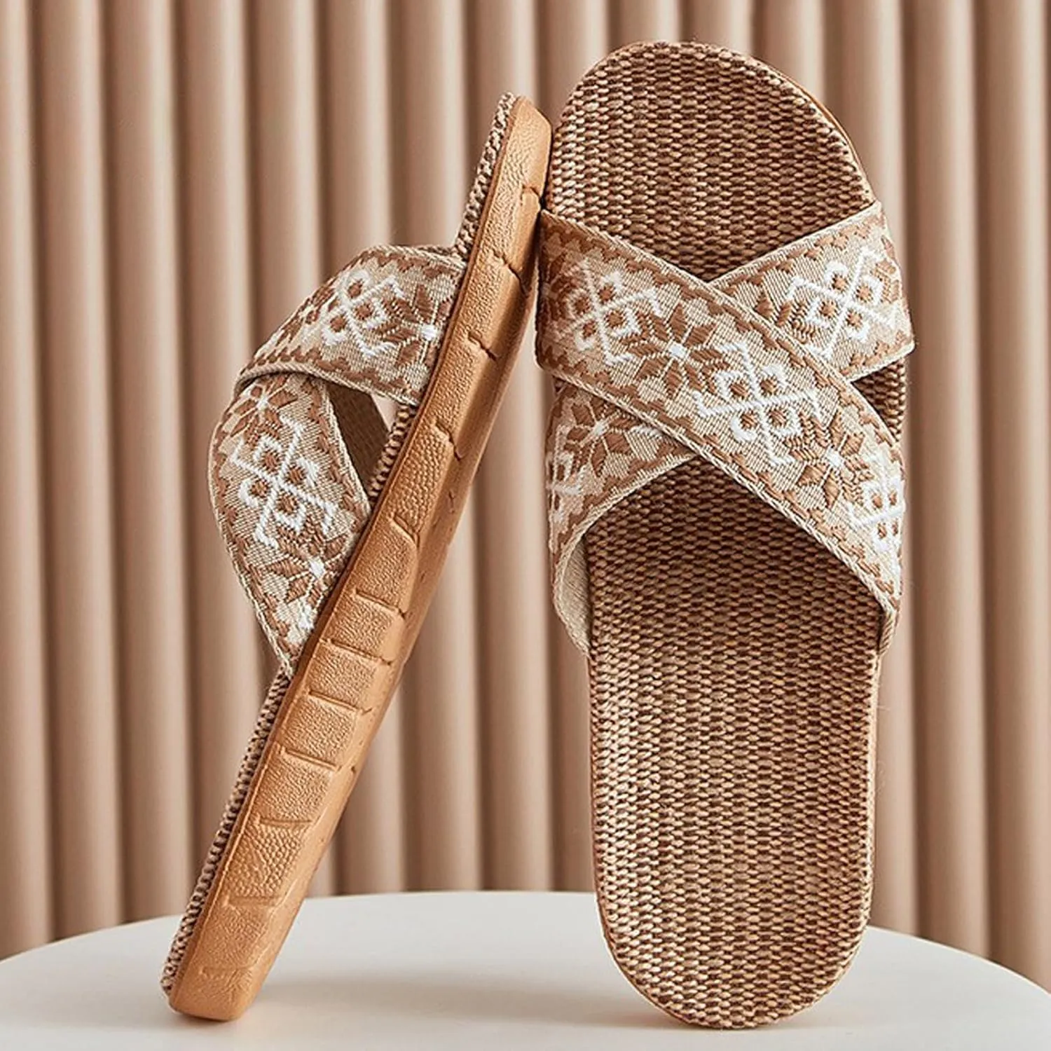 Unisex Linen Slippers Summer Skidproof Indoor Slippers Flax Men Women Boho House Slipper Open-Toe Breathable Beach Shoes