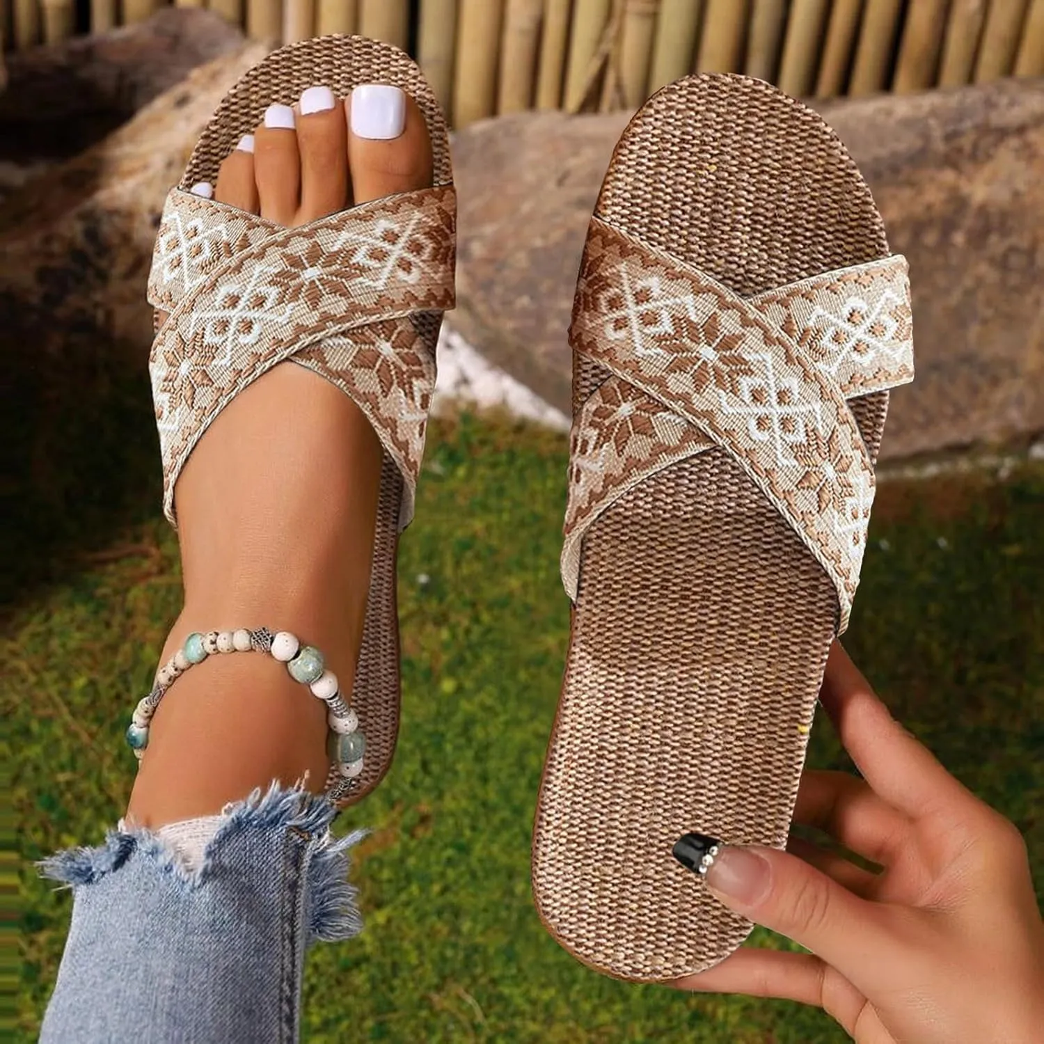 Unisex Linen Slippers Summer Skidproof Indoor Slippers Flax Men Women Boho House Slipper Open-Toe Breathable Beach Shoes