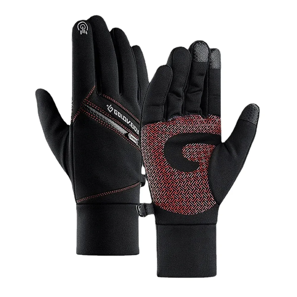 Unisex Waterproof Winter Touch Screen Fleece Gloves with Zipper Pocket for Outdoor Sports