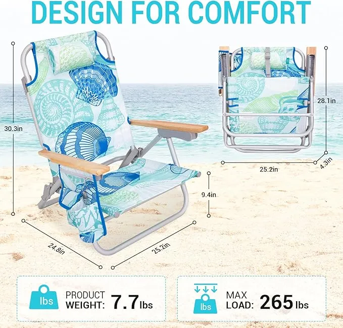 #WEJOY 2 Pack Aluminum Beach Chair with 4 Positions Backpack Beach Chair with Wooden Armrest Portable Reclining Beach Chair with Cup Holder,Back Storage Bag for Beach Camp Lawn Pool Outdoor Trip