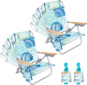 #WEJOY 2 Pack Aluminum Beach Chair with 4 Positions Backpack Beach Chair with Wooden Armrest Portable Reclining Beach Chair with Cup Holder,Back Storage Bag for Beach Camp Lawn Pool Outdoor Trip