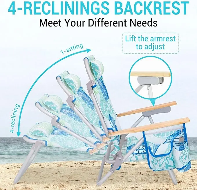 #WEJOY 2 Pack Aluminum Beach Chair with 4 Positions Backpack Beach Chair with Wooden Armrest Portable Reclining Beach Chair with Cup Holder,Back Storage Bag for Beach Camp Lawn Pool Outdoor Trip
