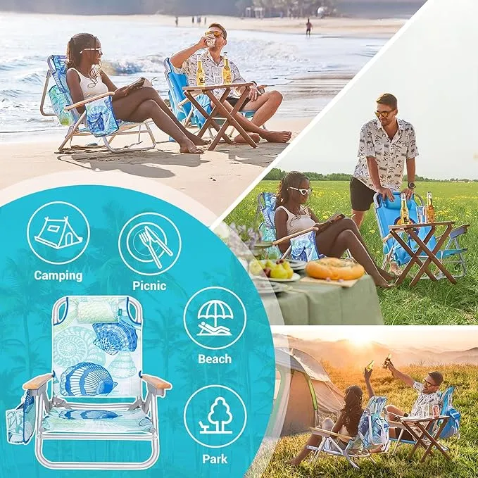 #WEJOY 2 Pack Aluminum Beach Chair with 4 Positions Backpack Beach Chair with Wooden Armrest Portable Reclining Beach Chair with Cup Holder,Back Storage Bag for Beach Camp Lawn Pool Outdoor Trip