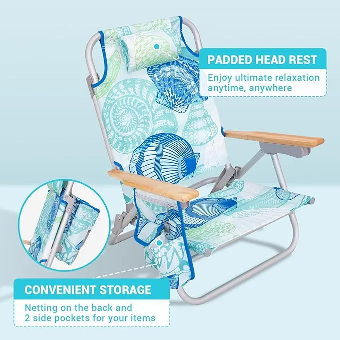 #WEJOY 2 Pack Aluminum Beach Chair with 4 Positions Backpack Beach Chair with Wooden Armrest Portable Reclining Beach Chair with Cup Holder,Back Storage Bag for Beach Camp Lawn Pool Outdoor Trip