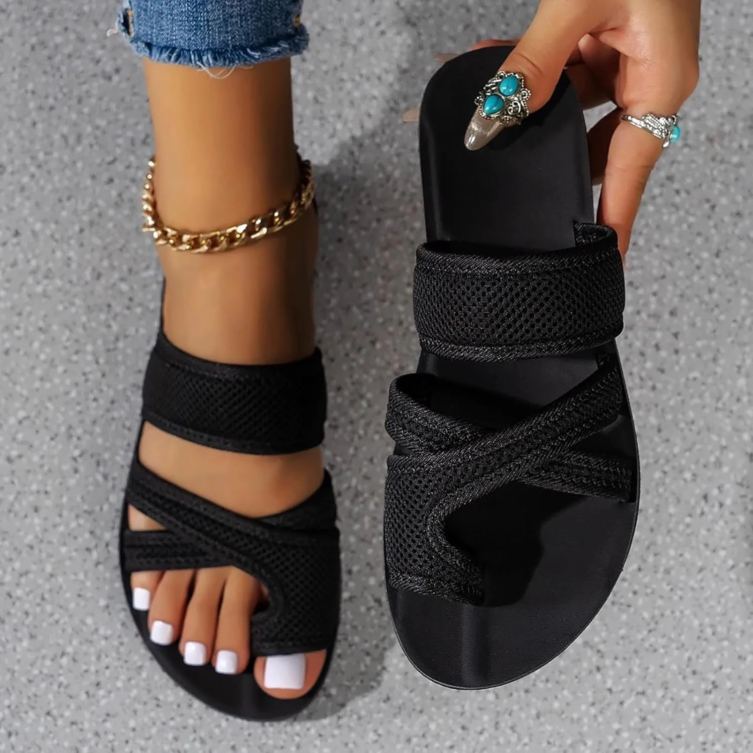 Women's Summer Sandals Casual Slip On Flip Flops Mesh Breathable Thong Flat Sandals Comfortable Shoes Walking Slippers