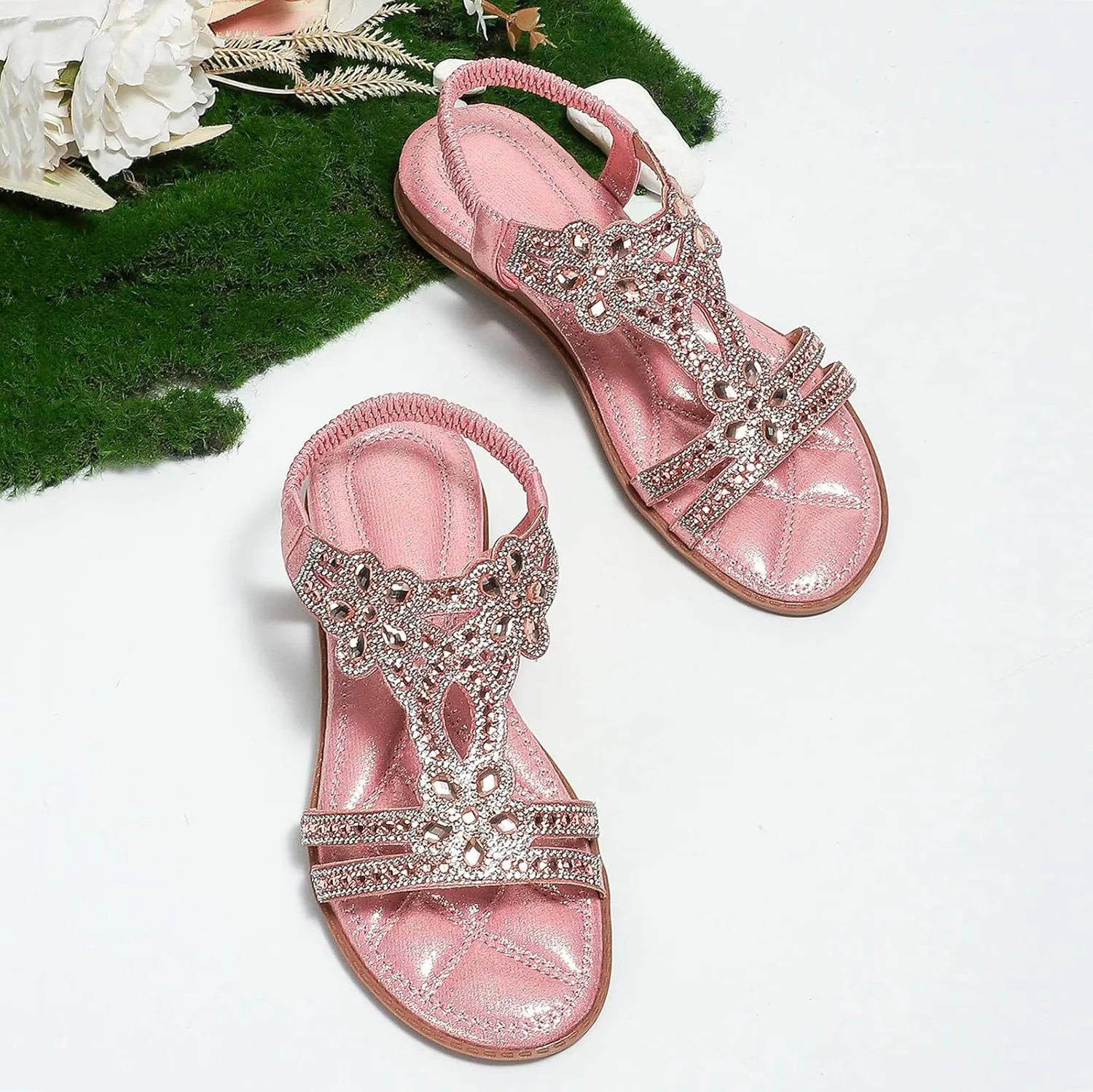 Womens Wedge Sandals Rhinestone Open Toe Slingback Sandals with Elastic Ankle Strap Orthotic Bohemian Beach Shoes