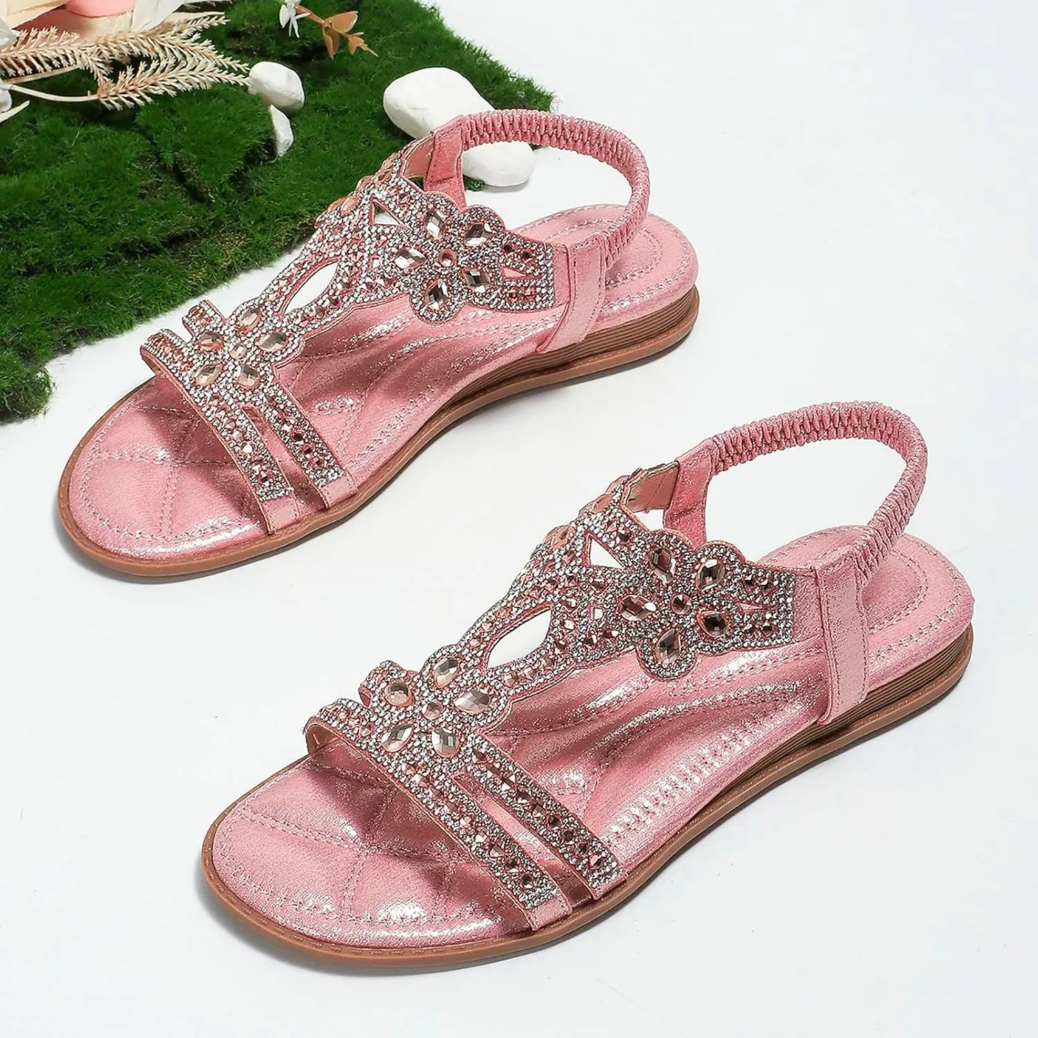 Womens Wedge Sandals Rhinestone Open Toe Slingback Sandals with Elastic Ankle Strap Orthotic Bohemian Beach Shoes