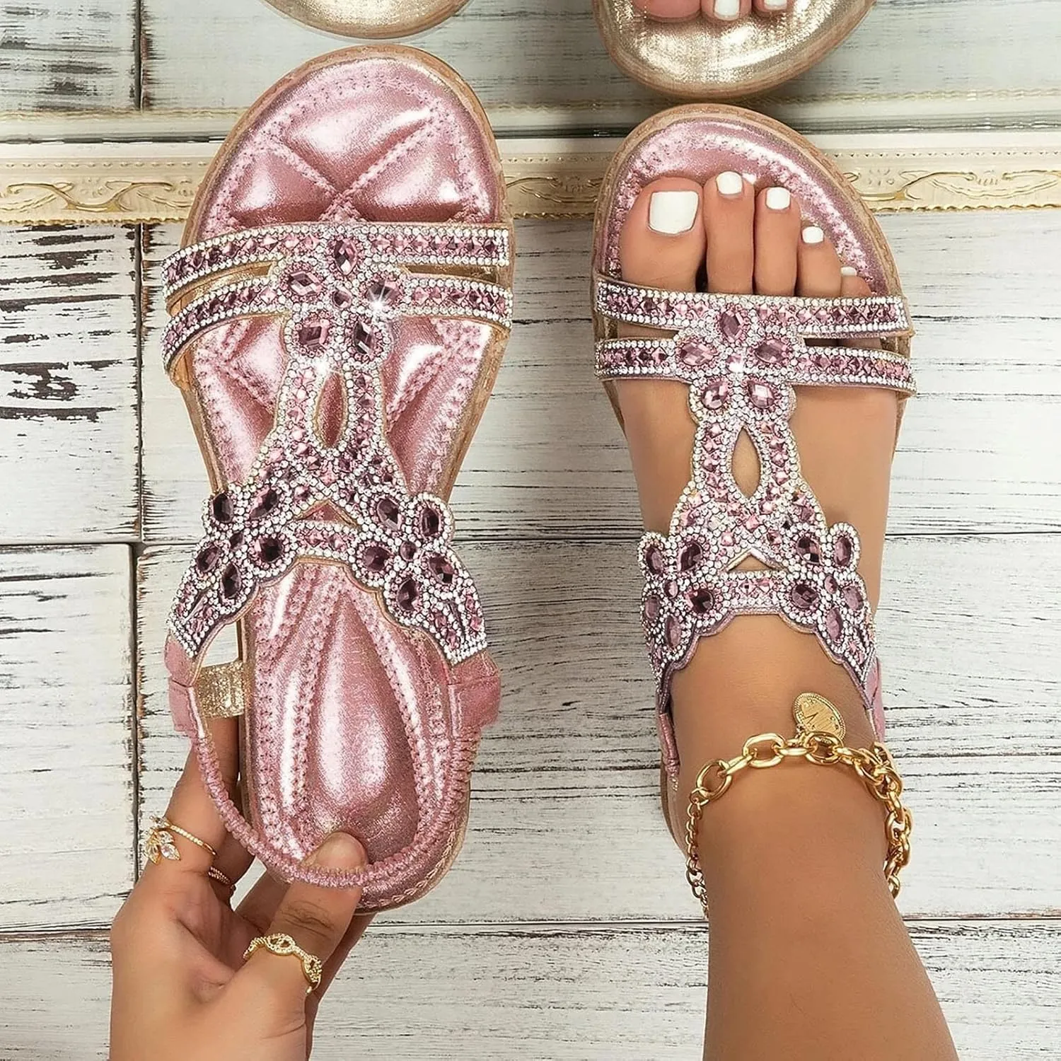 Womens Wedge Sandals Rhinestone Open Toe Slingback Sandals with Elastic Ankle Strap Orthotic Bohemian Beach Shoes