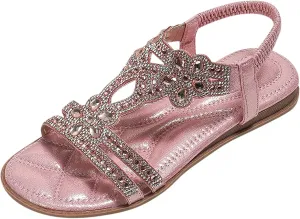 Womens Wedge Sandals Rhinestone Open Toe Slingback Sandals with Elastic Ankle Strap Orthotic Bohemian Beach Shoes