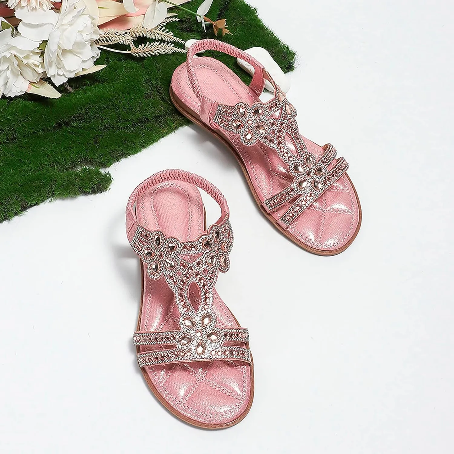 Womens Wedge Sandals Rhinestone Open Toe Slingback Sandals with Elastic Ankle Strap Orthotic Bohemian Beach Shoes